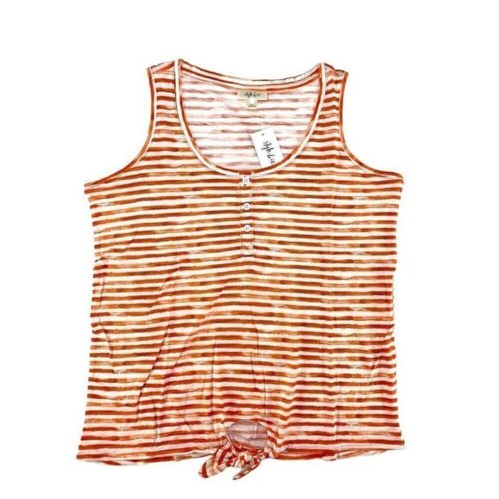Style & Co‎ Artistic Stripe Henley Top Large Women's Coral White Sleeveless NEW